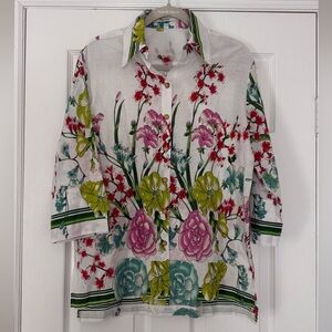 VIPAVADEE STUNNING‎ FLORAL PRINT 100% COTTON BUTTON FRONT SHIRT 3/4 SLEEVES SZ L